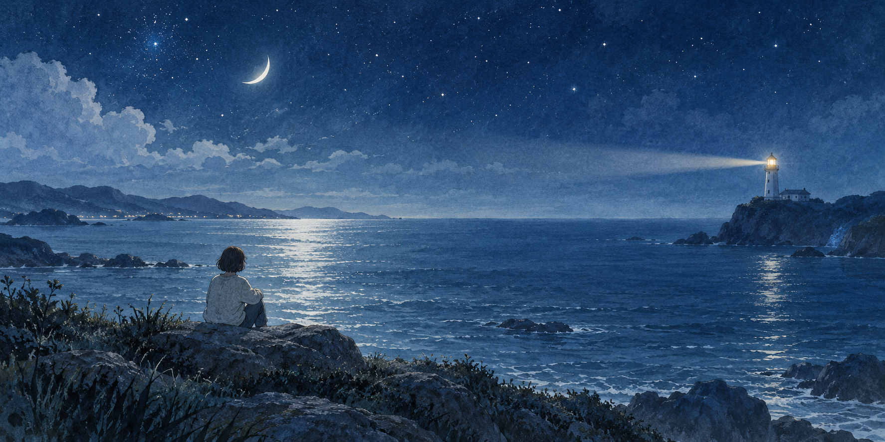 三日月と星空の下、静かな海の向こうに灯台を眺める人のイラスト